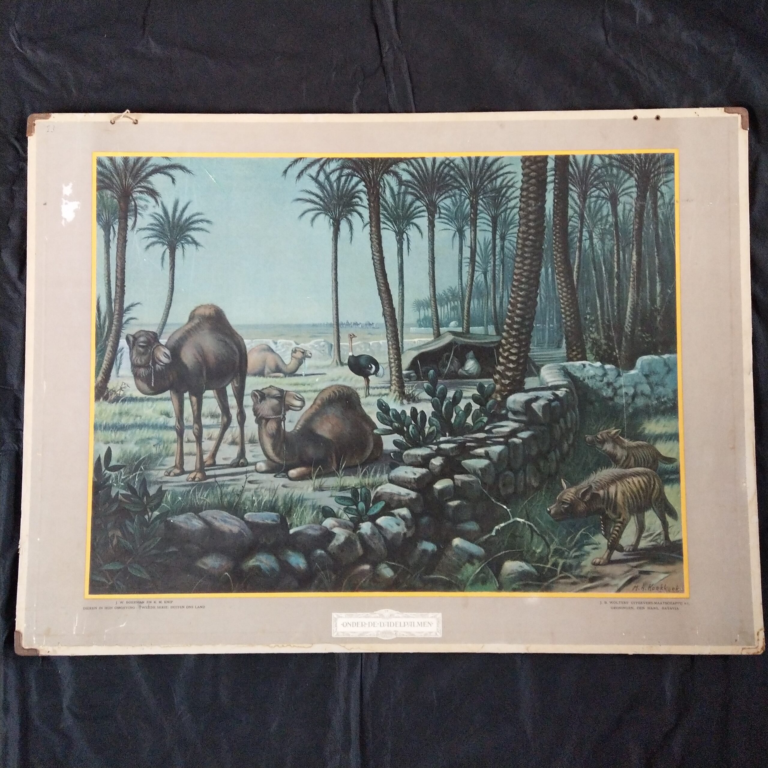 Op deze afbeelding zie je de schoolplaat Onder de dadelpalmen. Deze is getekend door M.A. Koekkoek en in 1932 uitgegeven door uitgeverij Wolters.