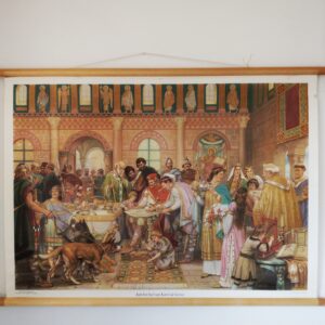 Schoolplaat Aan het hof van Karel de Grote. Tekenaar is C. Jetses